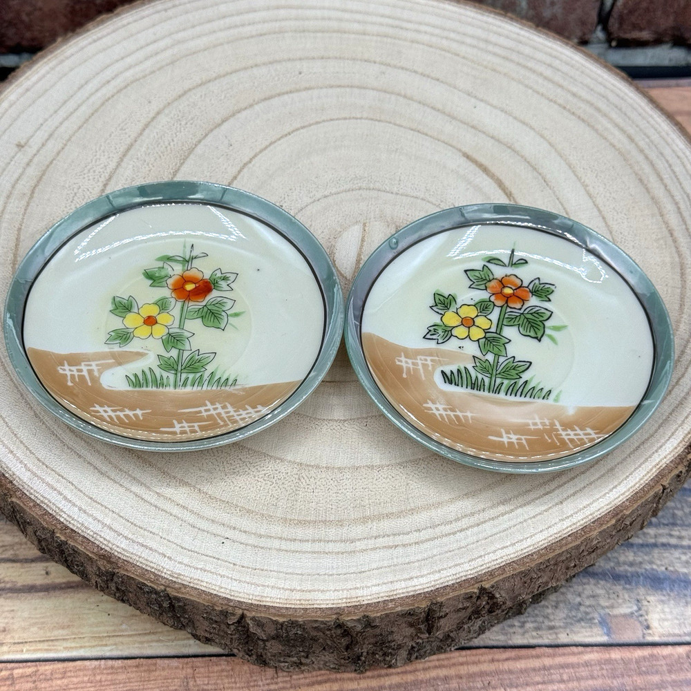 Set‎ of 2 Vtg Lusterware Demitasse Saucers Plates Floral Japan Peach Green 1920s